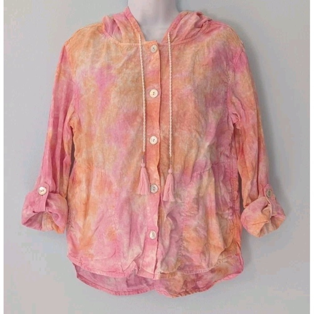 Rachel Zoe Linen Hooded Top Women's Small Tie Dye Button Up Shirt Pink Peach